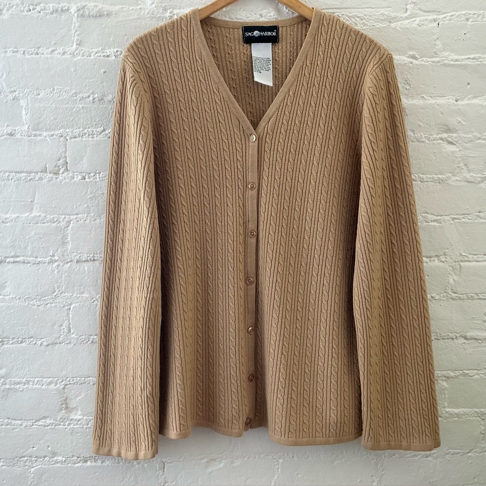 Vintage Tan Cable Knit Button Front Cardigan Sweater Preppy Academia Womens XL